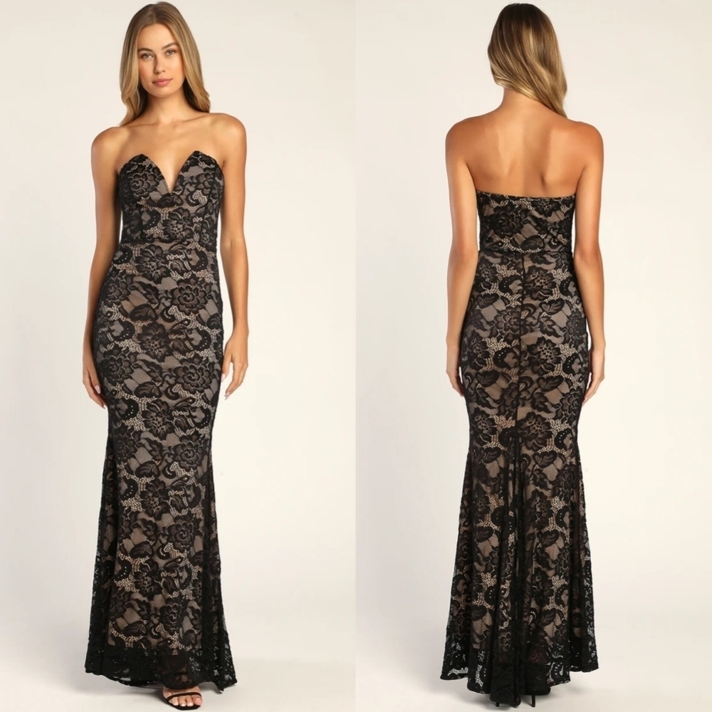 Lulus Sexy Sophistication Black Lace Strapless Trumpet Maxi Dress XL Wedding